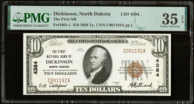 1929 $10 The First National Bank of Dickinson, ND  CH # 4384 PMG 35 EPQ