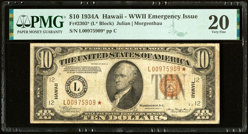1934 $20 Star Hawaii WWII Emergency Issue ** L* Block** FR-2303* PMG 20 VF