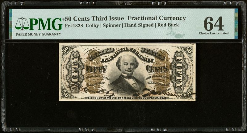 Fr. 1328 50c Third Issue Fractional Currency Red Back Hand Signed - PMG 64