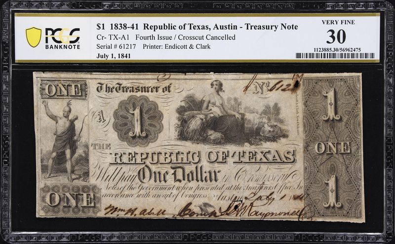 $1 1838-41 Republic of Texas, Austin- Treasury Note,  PCGS 30, Very Fine