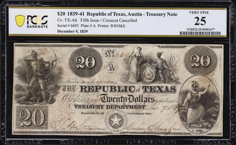 $20 1839-41 Republic of Texas, Austin- Treasury Note,  PCGS 25, Very Fine