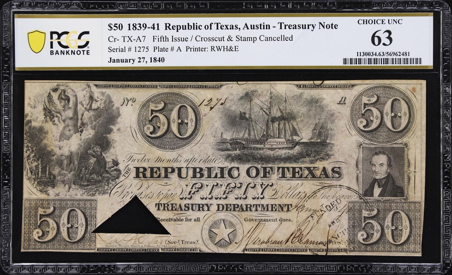 $50 1839-41 Republic of Texas, Austin- Treasury Note,  PCGS 63, CHOICE UNC