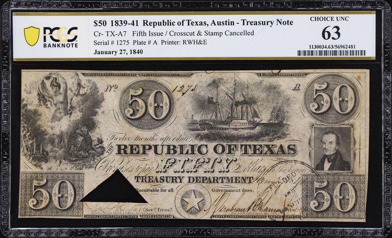 $50 1839-41 Republic of Texas, Austin- Treasury Note,  PCGS 63, CHOICE UNC