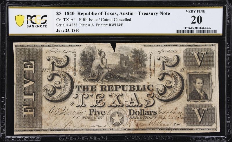 $5 1840 Republic of Texas, Austin- Treasury Note,  PCGS 20, Very Fine
