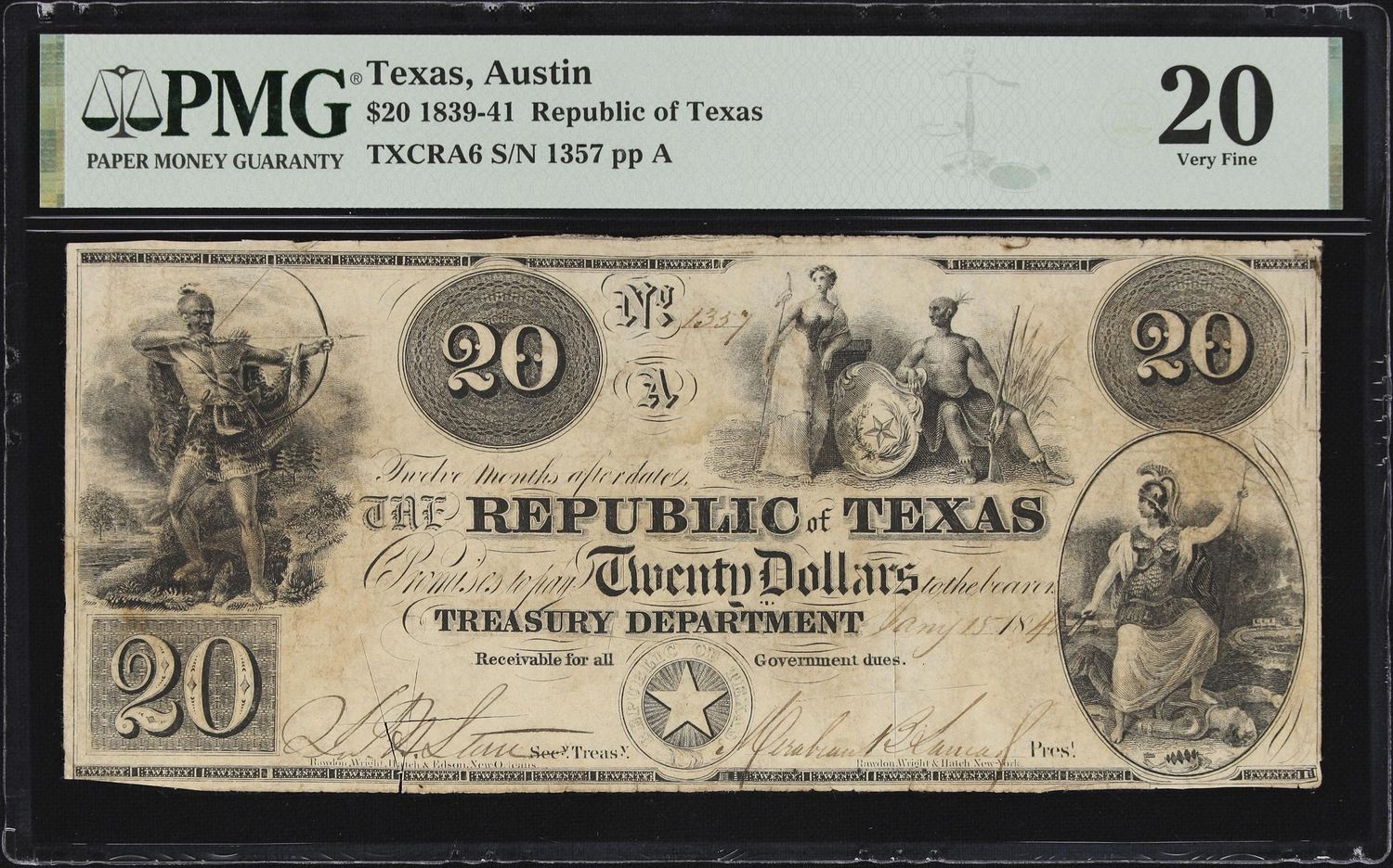1839-41 $20 Republic of Texas, Austin  PMG 20VF
