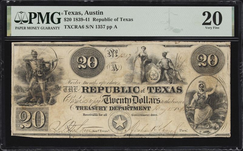 1839-41 $20 Republic of Texas, Austin  PMG 20VF