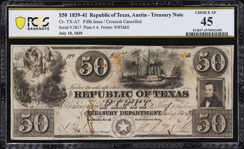 $50 1839-41 Republic of Texas, Austin- Treasury Note,  PCGS 45, CHOICE XF