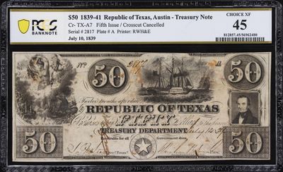 $50 1839-41 Republic of Texas, Austin- Treasury Note,  PCGS 45, CHOICE XF