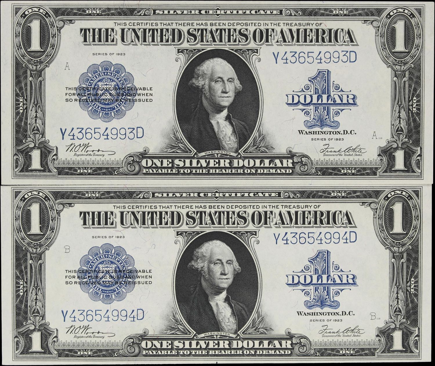 2 Convective 1923 $1 Silver Certificate FR-238 Horse Blanket  Uncirculated