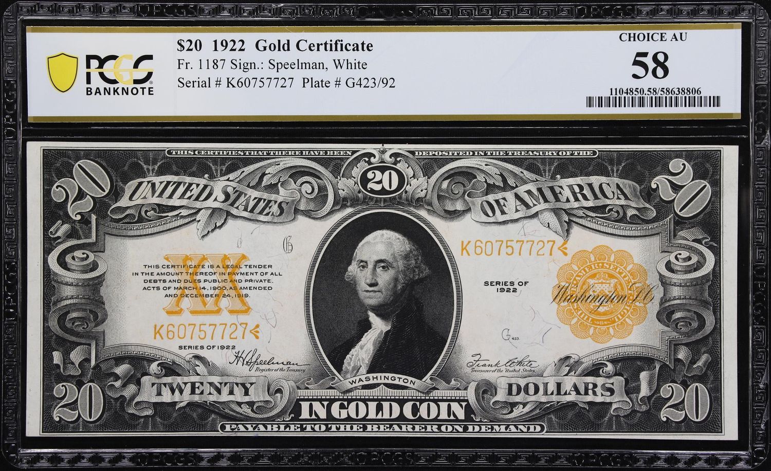 1922 $20 Gold Certificate, Fr # 1187, PCGS 58, CHOCE AU