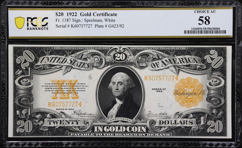 1922 $20 Gold Certificate, Fr # 1187, PCGS 58, CHOCE AU