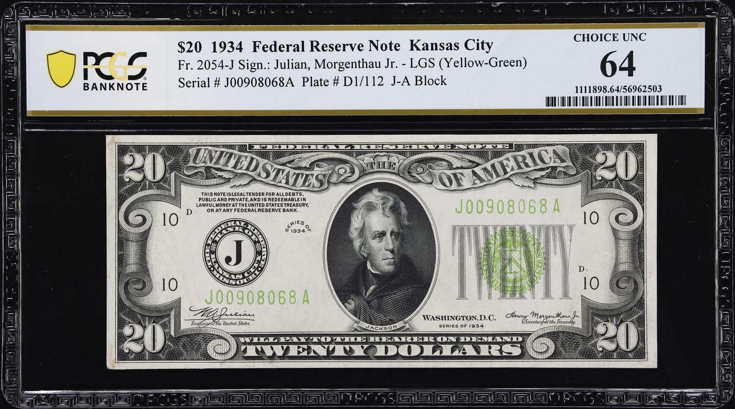 $20 1934 Federal Reserve Kansas City **LGS** Note PCGS 64  UNC