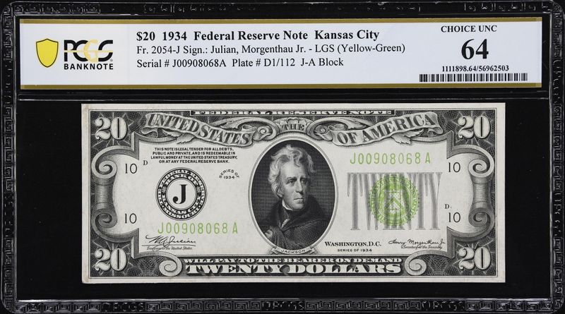 $20 1934 Federal Reserve Kansas City **LGS** Note PCGS 64  UNC
