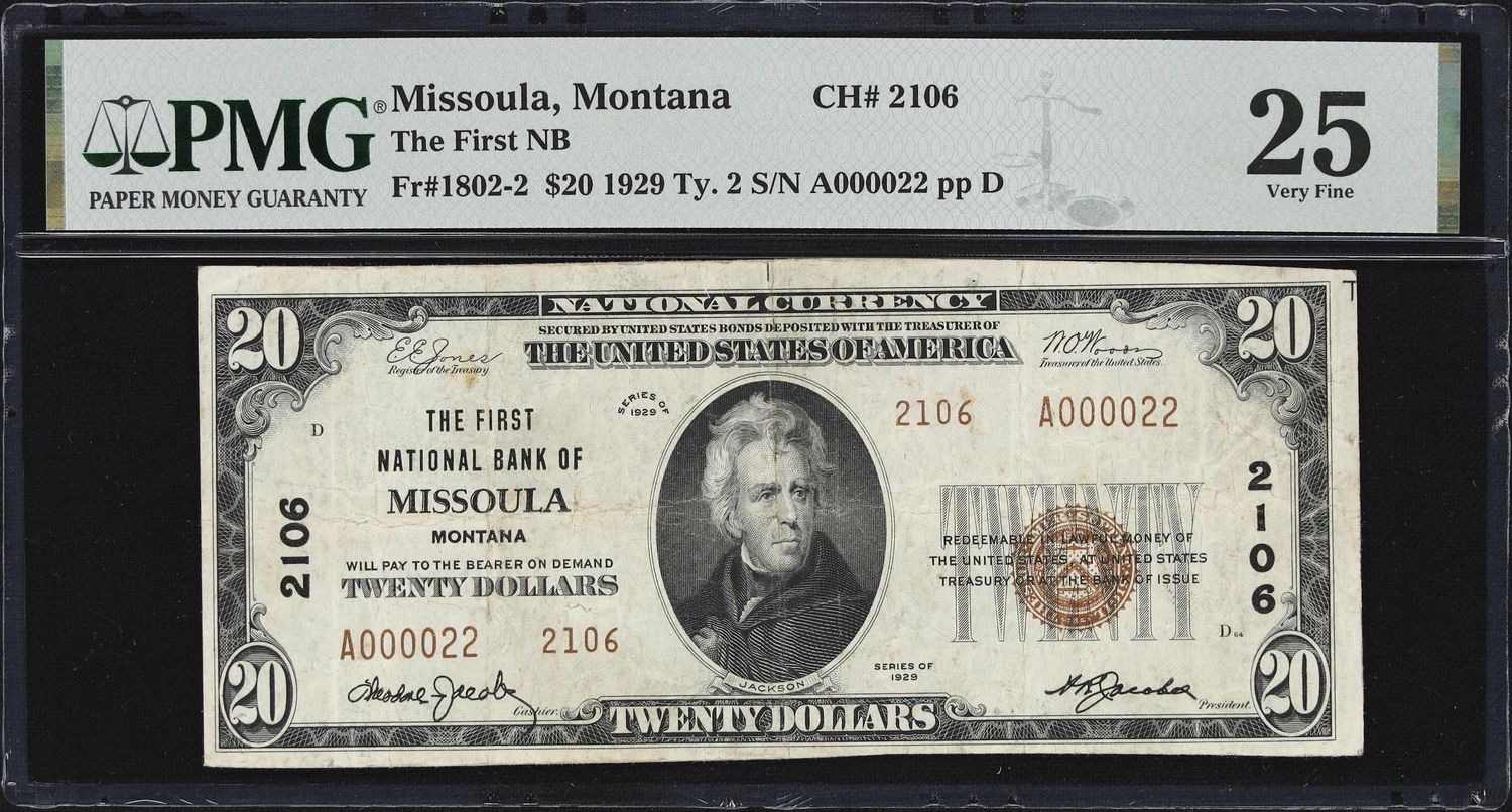 $20 1929 Ty. 2 The First National Bank, Missoula, Montana, Fr# 1802-2, PMG 25, Very Fine