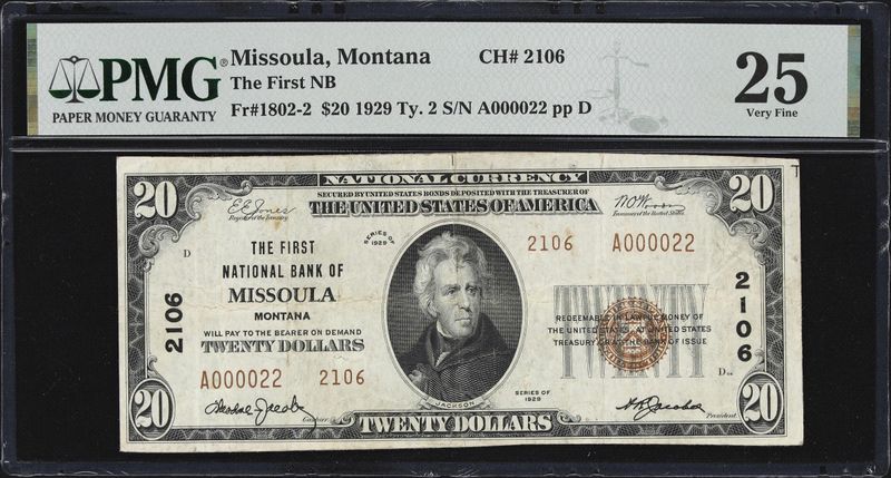 $20 1929 Ty. 2 The First National Bank, Missoula, Montana, Fr# 1802-2, PMG 25, Very Fine