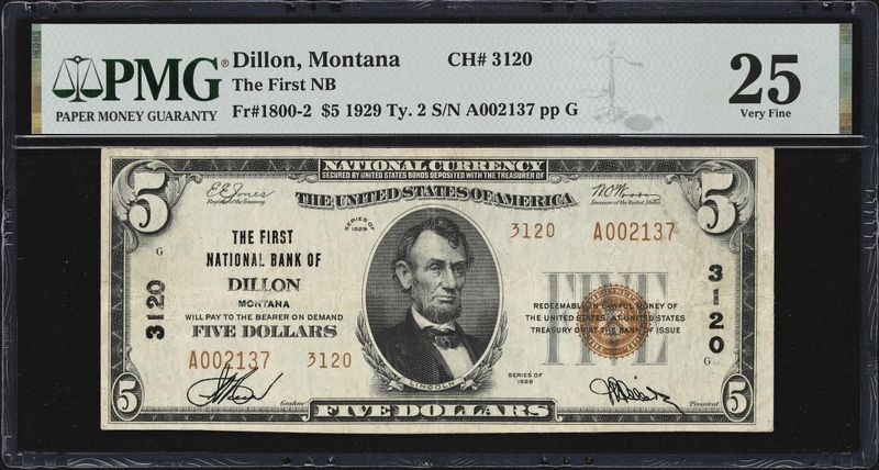 $5 1929 Ty. 2 The First National Bank, Dillon, Montana, Fr# 3120, PMG 25, Very Fine