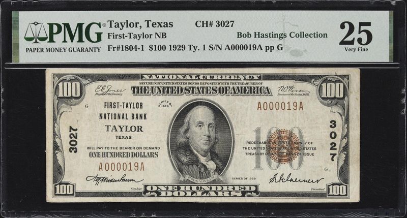 1929 $100 First National Bank of  Taylor, Texas S/N A000019A PMG 25 VF