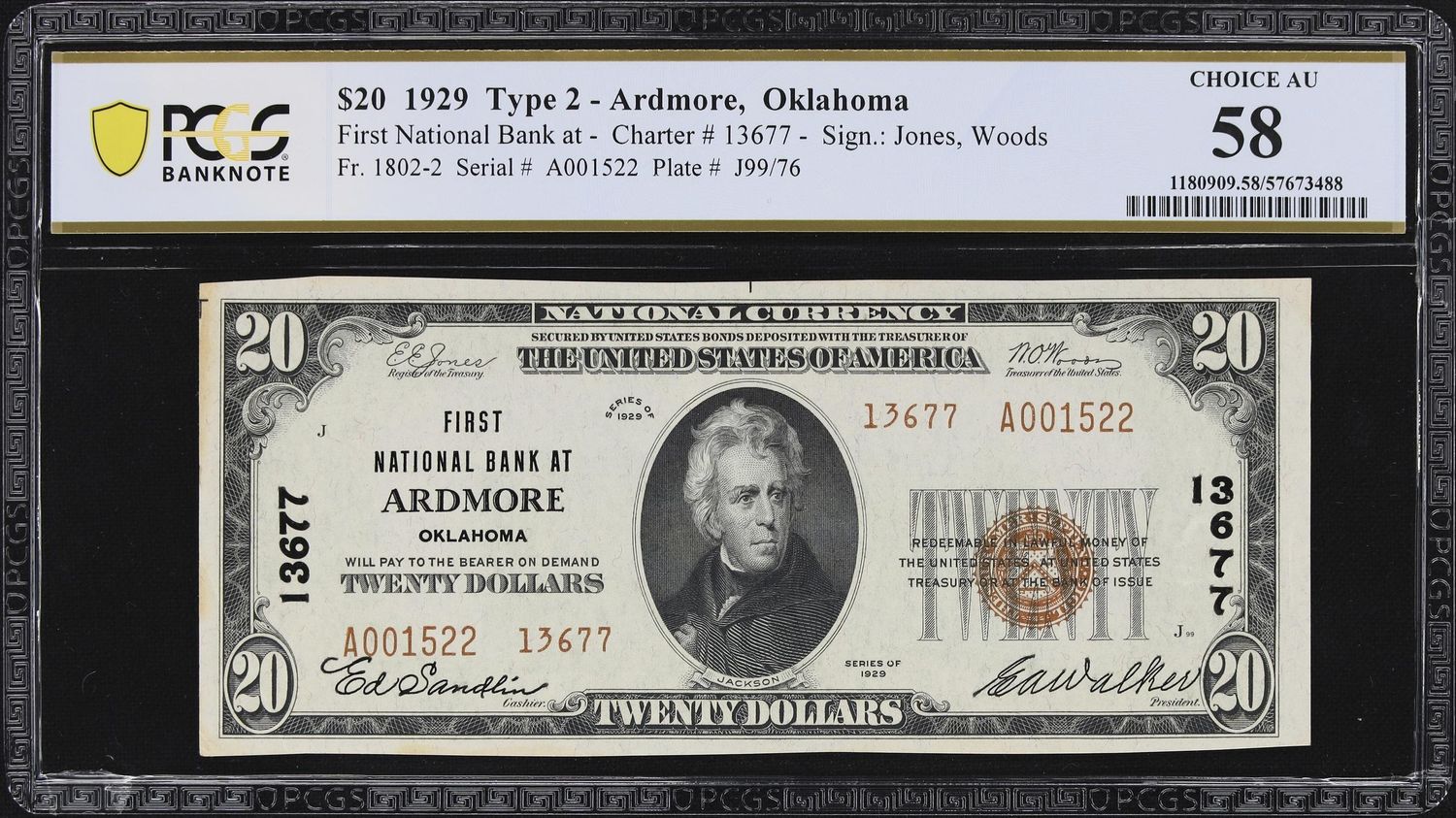 1929 $20 First National Bank of  Ardmore, Oklahoma  S/N A001522 PCGS 58 AU