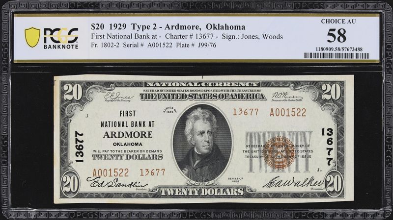 1929 $20 First National Bank of  Ardmore, Oklahoma  S/N A001522 PCGS 58 AU