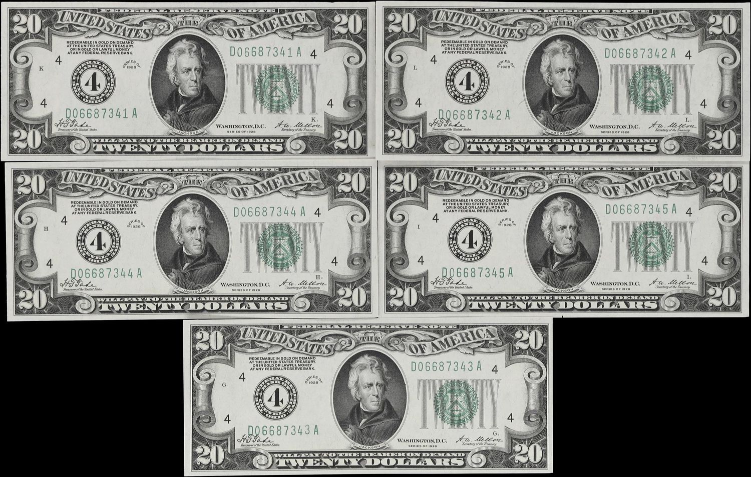 5 Consecutive Serial Numbers, 1928 $20 Federal Reserve Note, Cleveland, Choice Uncirculated to Gem Uncirculated.