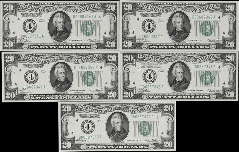 5 Consecutive Serial Numbers, 1928 $20 Federal Reserve Note, Cleveland, Choice Uncirculated to Gem Uncirculated.