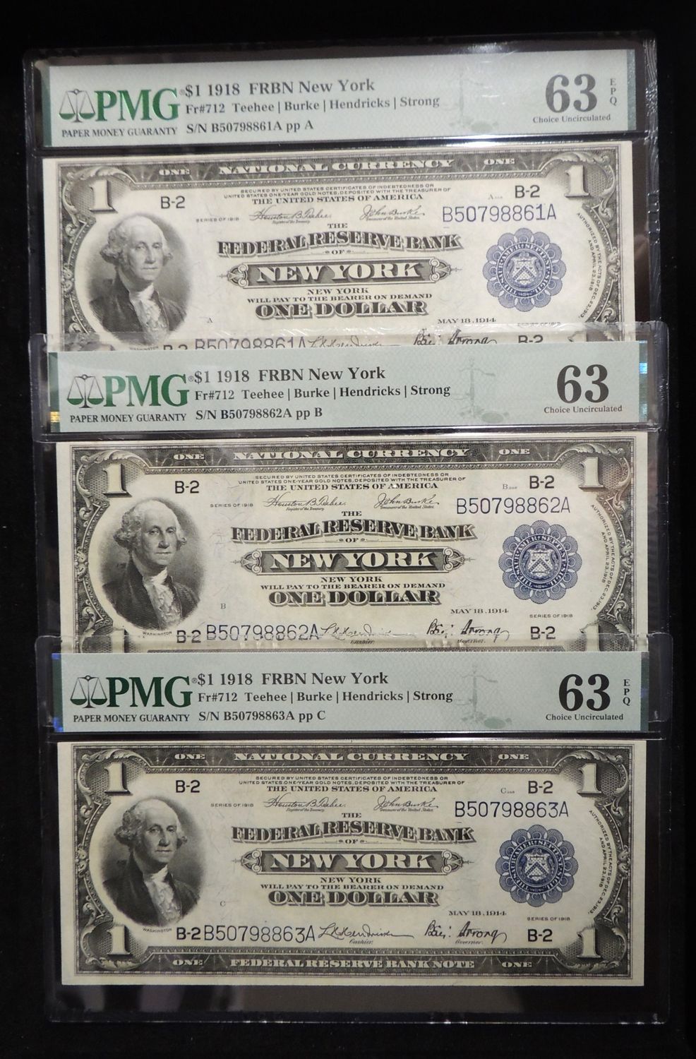 3 Consecutives 1918 $1 New York FRBN Note PMG 63 EPQ UNC