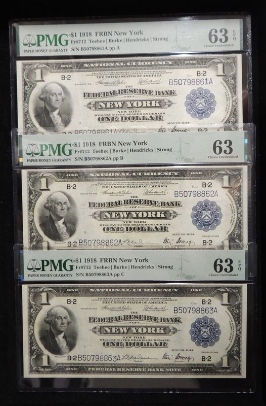 3 Consecutives 1918 $1 New York FRBN Note PMG 63 EPQ UNC