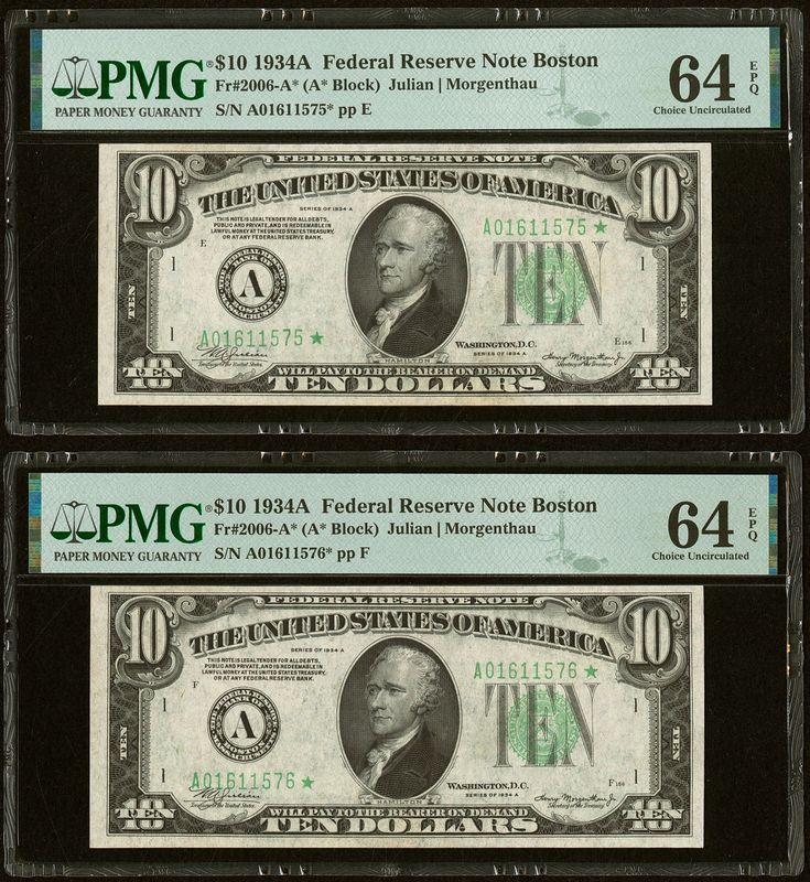 Set of 2 Consecutive Star Note $10 1934A  Federal Reserve Note Boston PMG 64 EPQ
