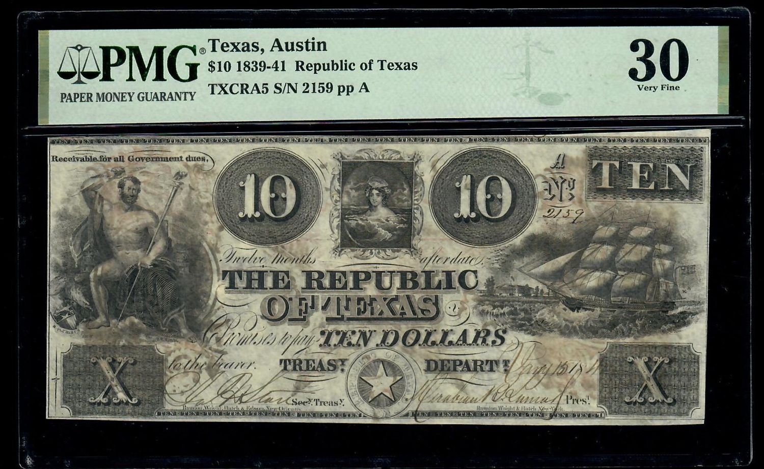 1839-41 $10 Republic of Texas, Austin Obsolete Note  PMG 30 VF