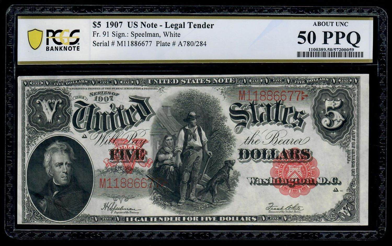 1907 $5 Legal Tender Note Fr. 91 Speelman/ White PCGS 50 AU