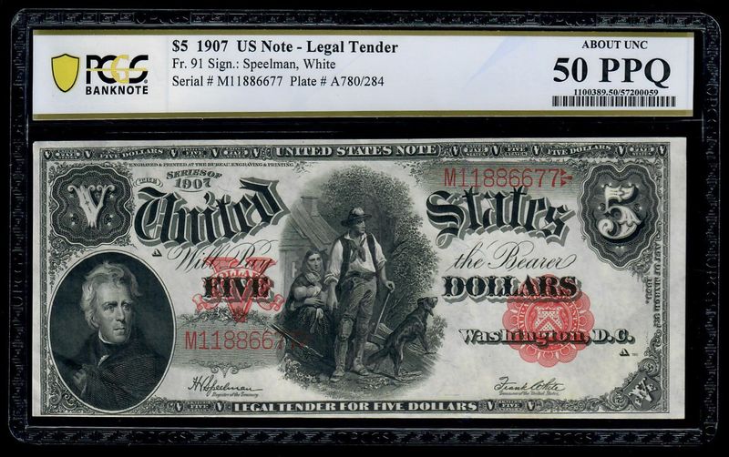 1907 $5 Legal Tender Note Fr. 91 Speelman/ White PCGS 50 AU