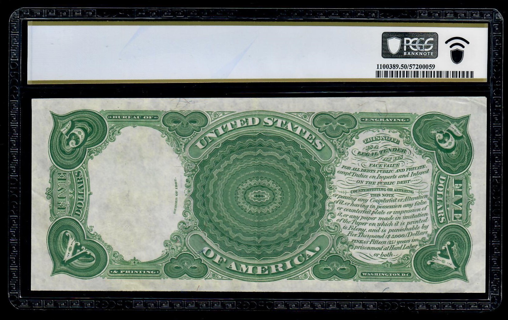 1907 $5 Legal Tender Note Fr. 91 Speelman/ White PCGS 50 AU