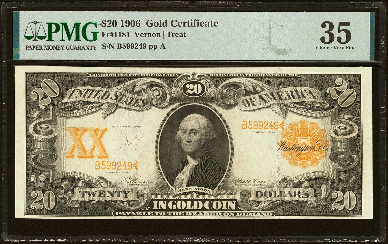 $20 1906  Gold Certificate Fr. 1181 Vernon / Treat PMG 35 VF