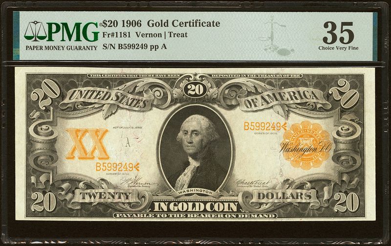 $20 1906  Gold Certificate Fr. 1181 Vernon / Treat PMG 35 VF