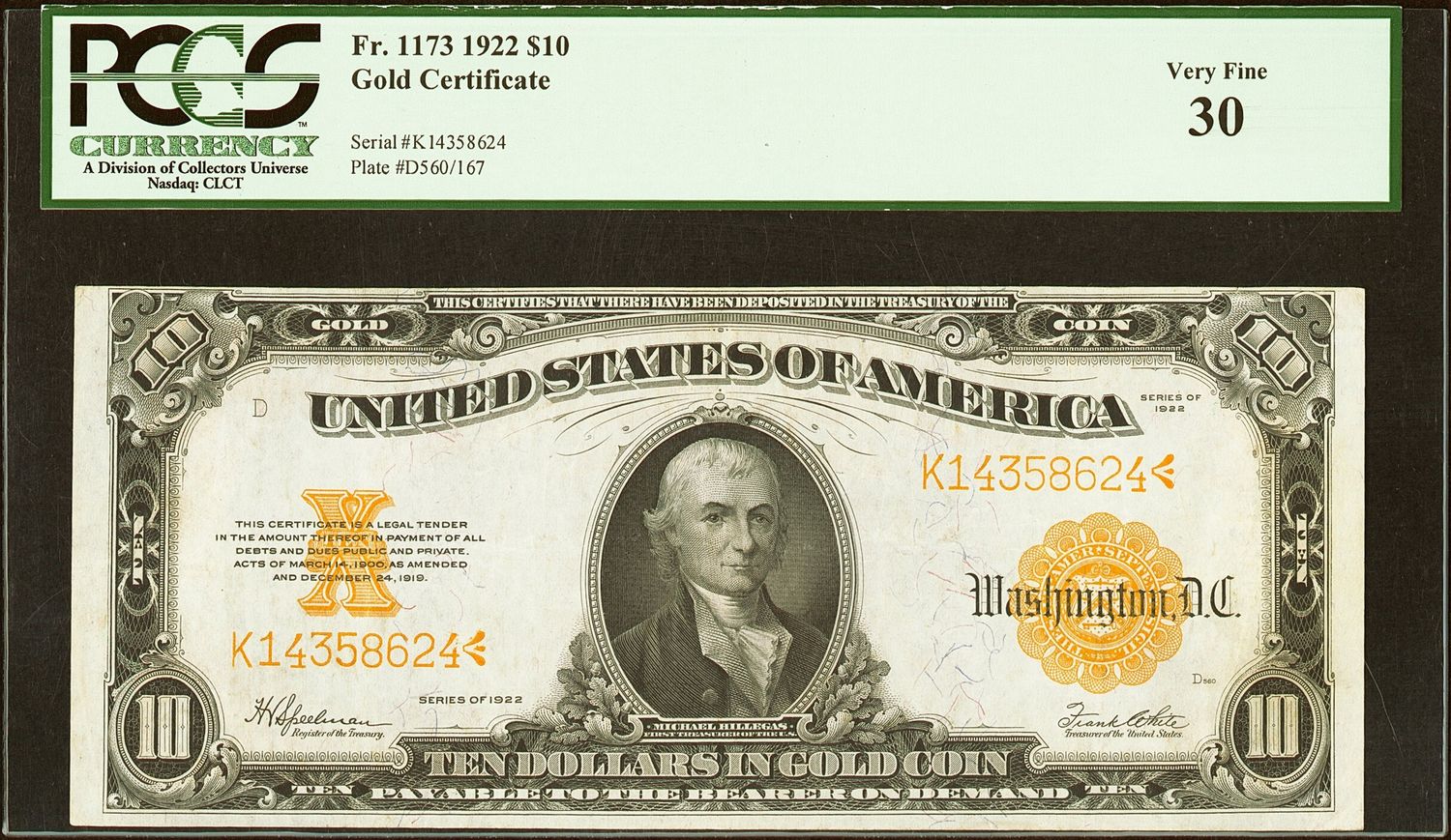 1922 $10 Gold Certificate Note Fr. 1173 PCGS 30 Very Fine