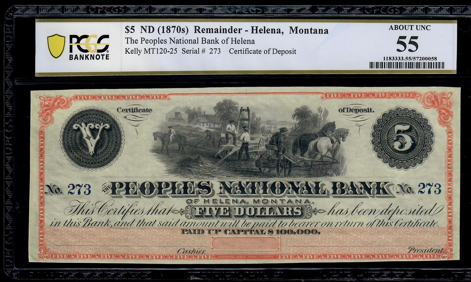 1870s $5 Peoples National Bank of Helena, Montana Remainder PCGS 55 AU