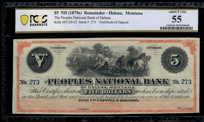 1870s $5 Peoples National Bank of Helena, Montana Remainder PCGS 55 AU