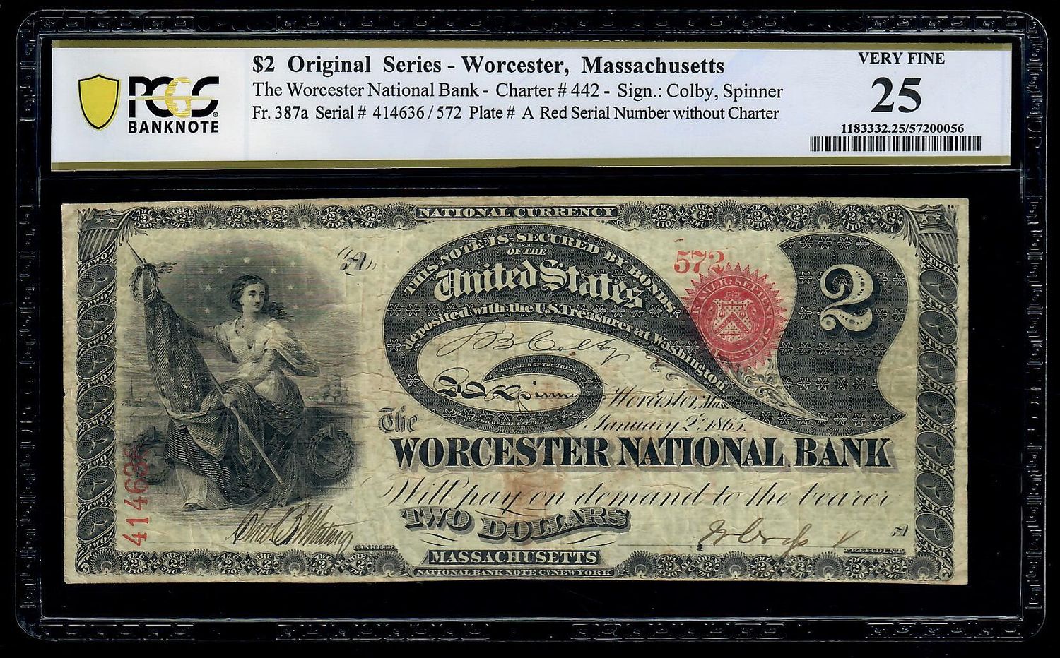 $2 1865 Worcester National Bank Massachusetts FR. 387a PCGS 25 LAZY DEUCE