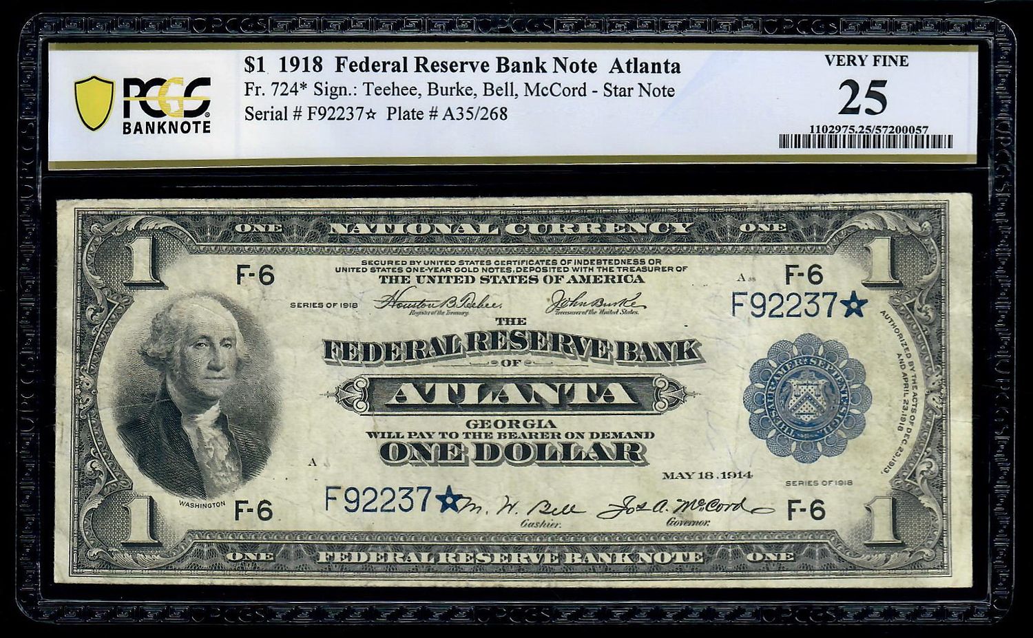 $1 Star Note 1918 Federal Reserve Atlanta  Fr.724* PCGS 25 Very Fine