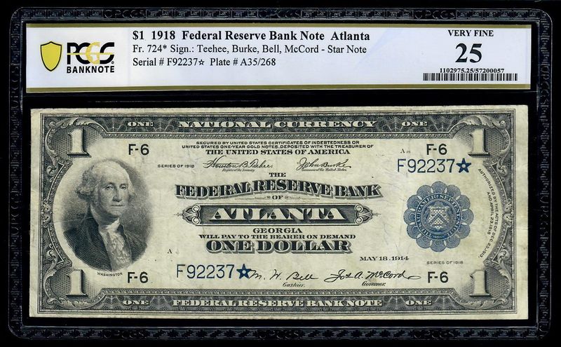 $1 Star Note 1918 Federal Reserve Atlanta  Fr.724* PCGS 25 Very Fine
