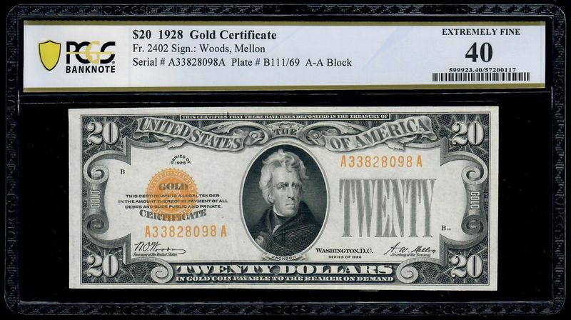 1928 $20 Gold Certificate Fr. 2402 PMG 40 XF