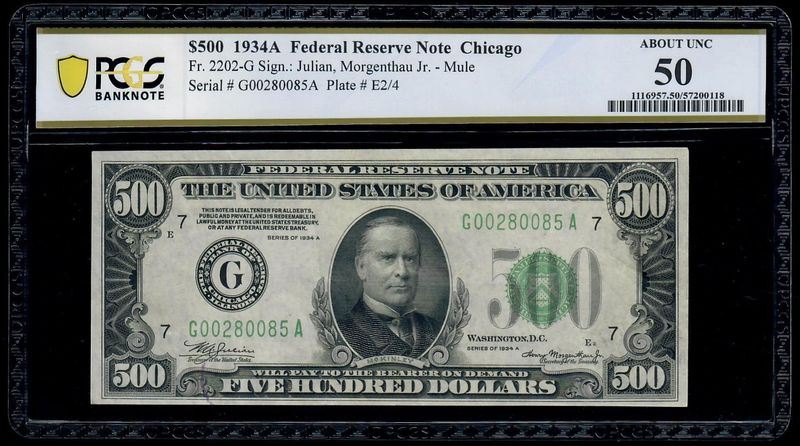 1934A $500 Federal Reserve Note Fr. 2202-G PCGS 50 About UNC