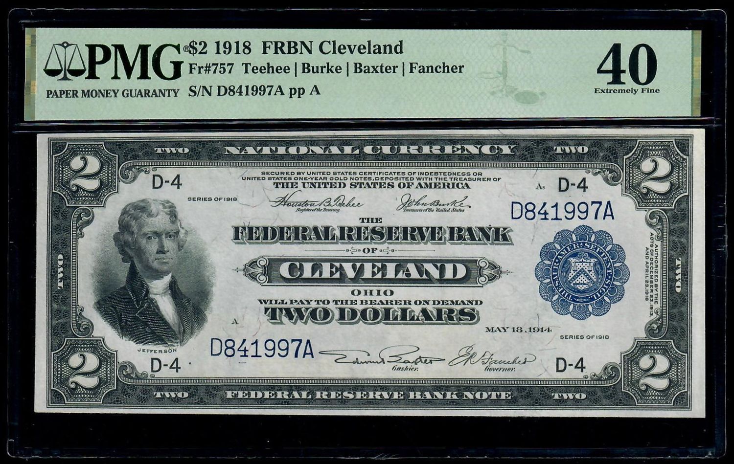 $2 1918 Federal Reserve Bank Note Cleveland **Battleship** Fr. 757,  PMG 40 XF