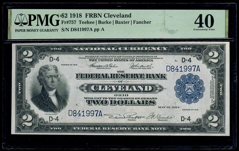 $2 1918 Federal Reserve Bank Note Cleveland **Battleship** Fr. 757,  PMG 40 XF