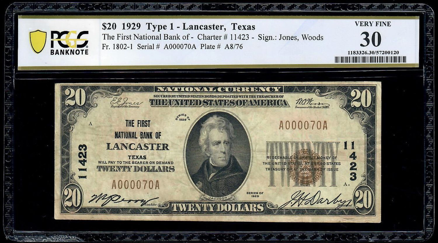 1929 $20 National Lancaster, Tx CH. 11423 PCGS 30 VF
