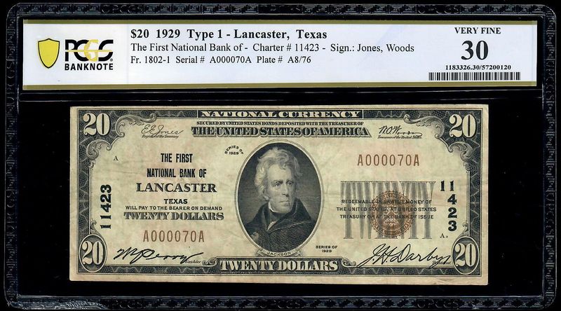 1929 $20 National Lancaster, Tx CH. 11423 PCGS 30 VF
