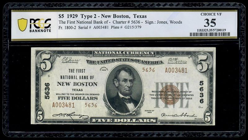 1929 $5 National Bank New Boston ,Tx CH. 5636 PCGS 35 VF  1 of 8 Note