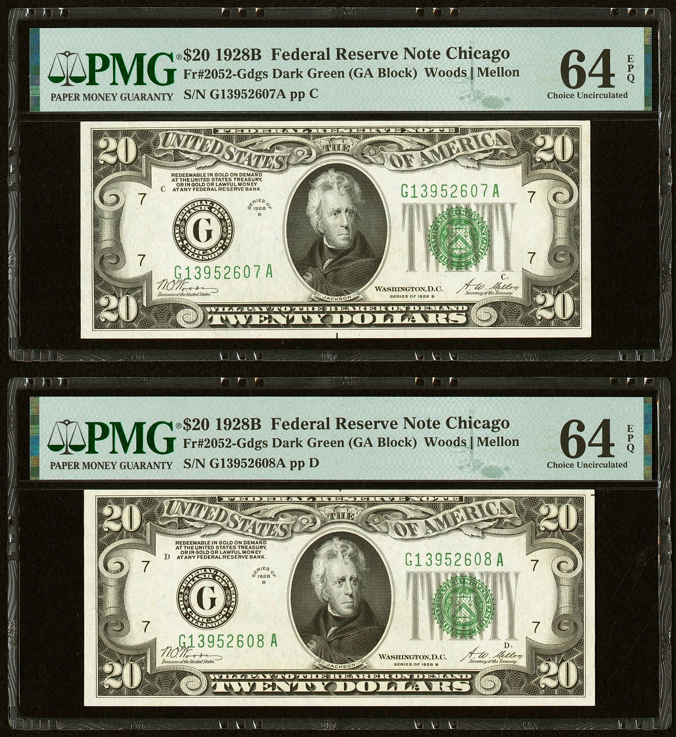 Set of 2 Consecutive Note $20 1928B Federal Reserve Note Chicago PMG 64
