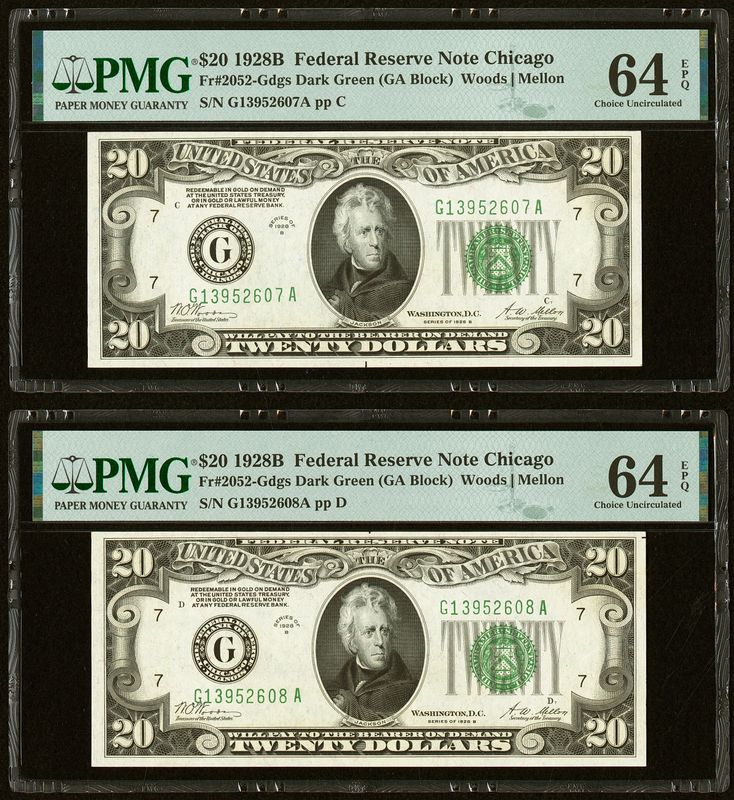 Set of 2 Consecutive Note $20 1928B Federal Reserve Note Chicago PMG 64