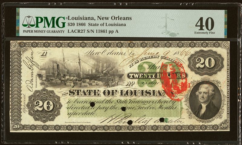 $20 1866 State of Louisiana, Louisiana, New Orleans Ornate Green Obsolete PMG 40